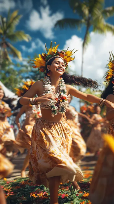 Locals Dancing Traditional Dances in Guam. They are dancing in traditional costumes with bright smiles, and tourists are watching with interest around them. It is a scene that blends local culture with modern joy. hyperrealism, masterpiece, high detail, hyper quality, high resolution, 8K, best quality, physically-based rendering, professional, ultra wide shot