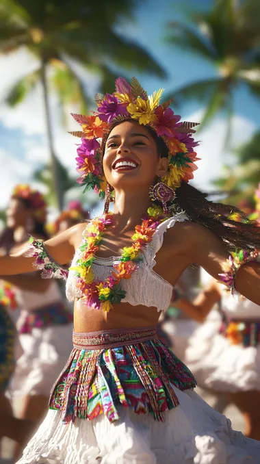 Locals Dancing Traditional Dances in Guam. They are dancing in traditional costumes with bright smiles, and tourists are watching with interest around them. It is a scene that blends local culture with modern joy. hyperrealism, masterpiece, high detail, hyper quality, high resolution, 8K, best quality, physically-based rendering, professional, ultra wide shot