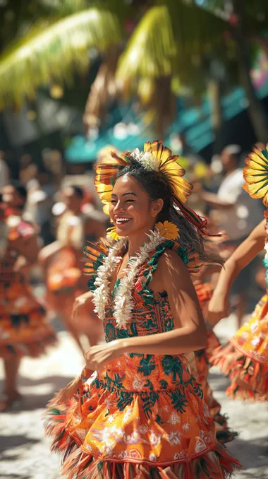 Locals Dancing Traditional Dances in Guam. They are dancing in traditional costumes with bright smiles, and tourists are watching with interest around them. It is a scene that blends local culture with modern joy. hyperrealism, masterpiece, high detail, hyper quality, high resolution, 8K, best quality, physically-based rendering, professional, ultra wide shot