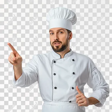 Realistic photograph of a chef in white chef's clothing who points with one hand at his choice of side, presenter