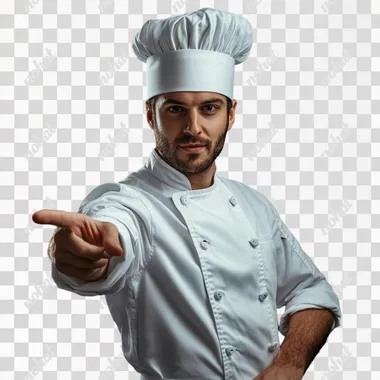 Realistic photograph of a chef in white chef's clothing who points with one hand at his choice of side, presenter
