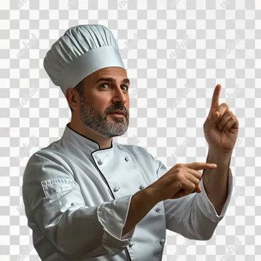Realistic photograph of a chef in white chef's clothing who points with one hand at his choice of side, presenter