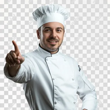 Realistic photograph of a chef in white chef's clothing who points with one hand at his choice of side, presenter