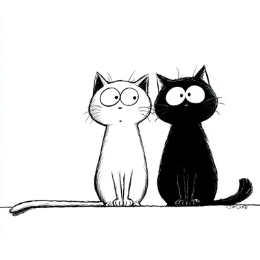 Two cute cats, one white and one black, on a white background, line art style, SNOOPY style, comic style.
