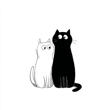Two cute cats, one white and one black, on a white background, line art style, SNOOPY style, comic style.