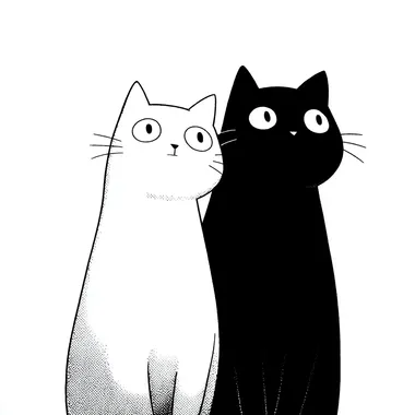 Two cute cats, one white and one black, on a white background, line art style, SNOOPY style, comic style.