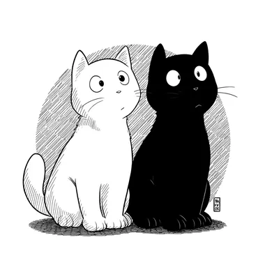Two cute cats, one white and one black, on a white background, line art style, SNOOPY style, comic style.