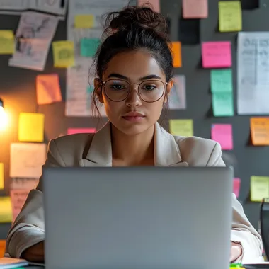 professional looking workspace with a laptop open, colorful sticky notes, and motivational quotes pinned to the wall with a focused ethnically ambiguous woman law student working on bar exam prep. Clean, modern, office lighting in the style of Jack kirby