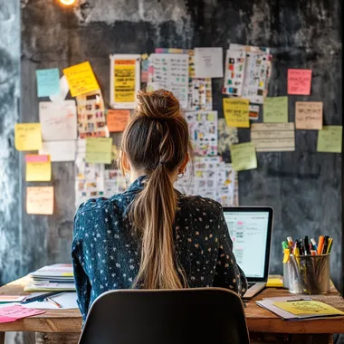 professional looking workspace with a laptop open, colorful sticky notes, and motivational quotes pinned to the wall with a focused ethnically ambiguous woman law student working on bar exam prep. Clean, modern, office lighting in the style of Jack kirby