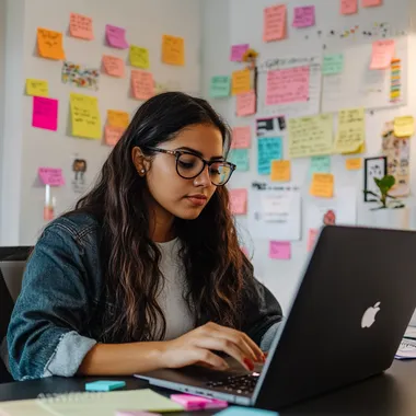 professional looking workspace with a laptop open, colorful sticky notes, and motivational quotes pinned to the wall with a focused ethnically ambiguous woman law student working on bar exam prep. Clean, modern, office lighting in the style of Jack kirby