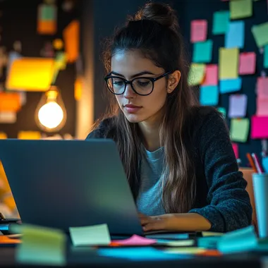 professional looking workspace with a laptop open, colorful sticky notes, and motivational quotes pinned to the wall with a focused ethnically ambiguous woman law student working on bar exam prep. Clean, modern, office lighting in the style of Jack kirby