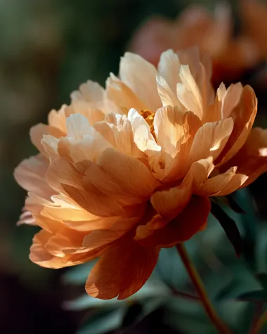 an orange peony-like mountain flower glowing in sunset light, layered petals, warm soft tones, macro shot, vertical botanical photo
