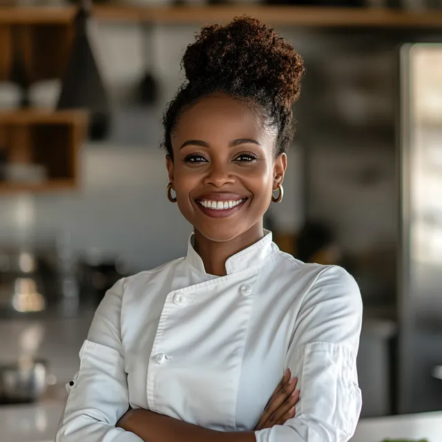 Confident African American woman chef in a stylish kitchen setting