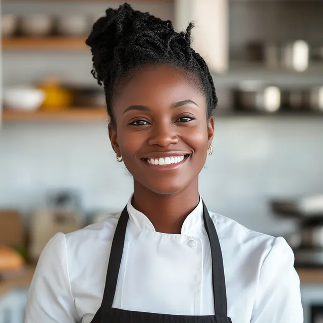 Happy African American woman chef in a cozy kitchen, smiling confidently