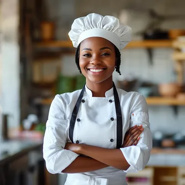 a happy African American black woman as a chef, standing confident in a blurred-out kitchen, in the style of stock images