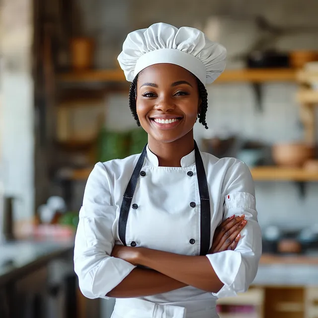 Confident African American woman chef standing in a bright kitchen