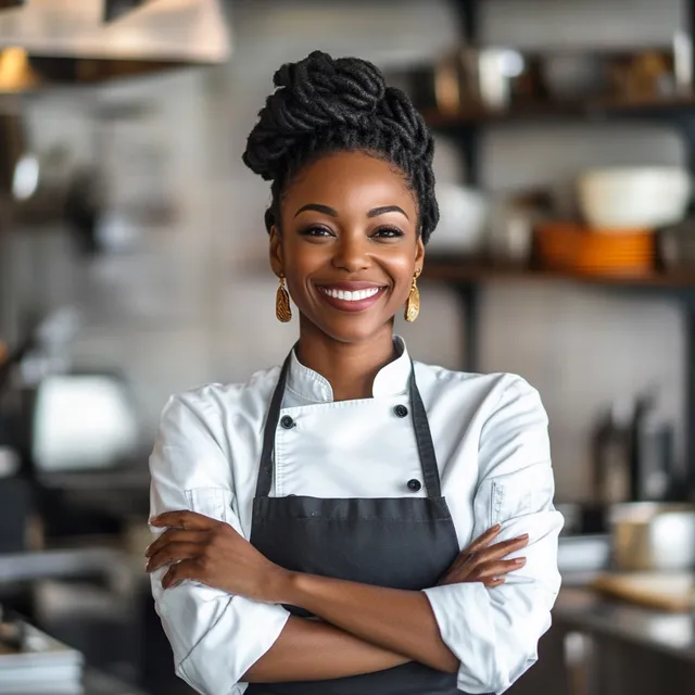 Happy African American woman chef confidently standing in kitchen setting