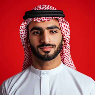 a very anrogant arab man looking smug solid red background