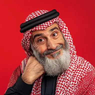 a very anrogant arab man looking smug solid red background