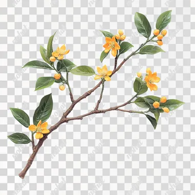 Traditional Chinese style, one osmanthus branch, sparse, dark green leaves, yellow flowers, micro three-dimensional, white background