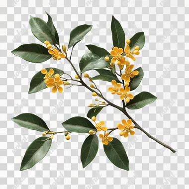 Traditional Chinese style, one osmanthus branch, sparse, dark green leaves, yellow flowers, micro three-dimensional, white background