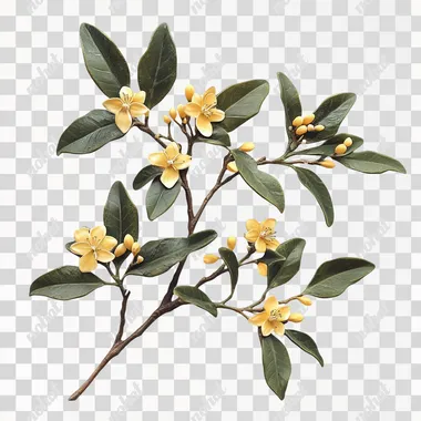 Traditional Chinese style, one osmanthus branch, sparse, dark green leaves, yellow flowers, micro three-dimensional, white background