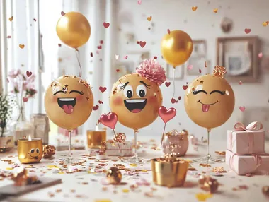 maak een vrolijke illustratie voor verjaardagskaart collage van feest emojis vuur, hart, feest emoji