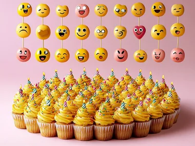 maak een vrolijke illustratie voor verjaardagskaart collage van feest emojis vuur, hart, feest emoji