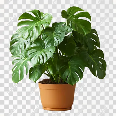 monstera plant, many leaves, in a pot, on a plain background --s 750