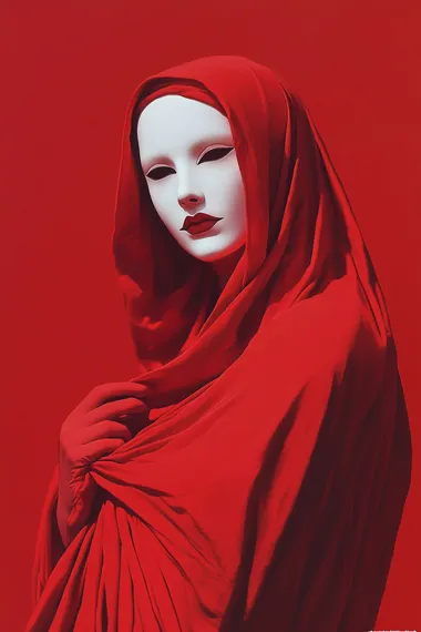 digital art of a red cloaked woman on red background hd desktop wallpaper, white opera mask, in the style of conceptual sculpture, detailed hyperrealism, intense shadows, waist up