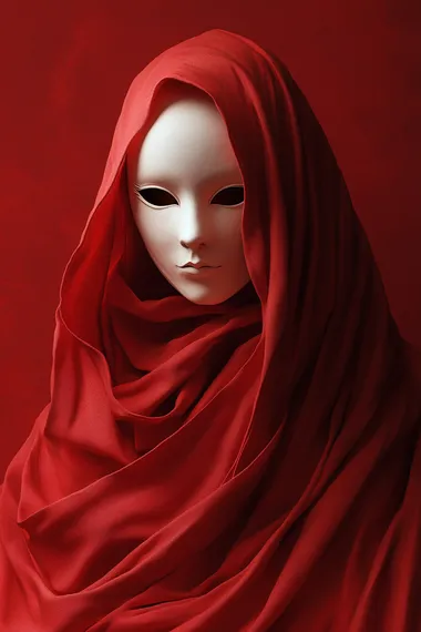 digital art of a red cloaked woman on red background hd desktop wallpaper, white opera mask, in the style of conceptual sculpture, detailed hyperrealism, intense shadows, waist up