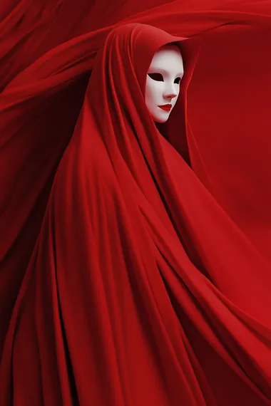 digital art of a red cloaked woman on red background hd desktop wallpaper, white opera mask, in the style of conceptual sculpture, detailed hyperrealism, intense shadows, waist up