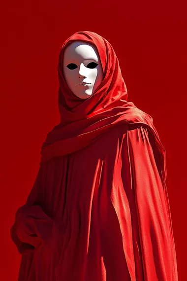 digital art of a red cloaked woman on red background hd desktop wallpaper, white opera mask, in the style of conceptual sculpture, detailed hyperrealism, intense shadows, waist up