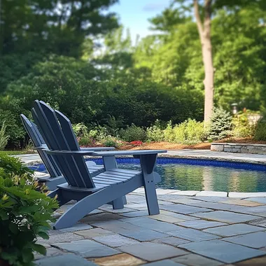adirondack chairs at poolside, real photo, backyard