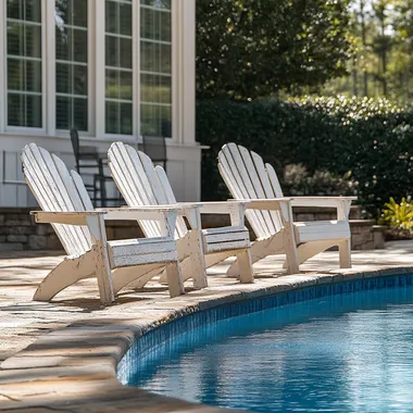adirondack chairs at poolside, real photo, backyard