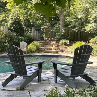 adirondack chairs at poolside, real photo, backyard