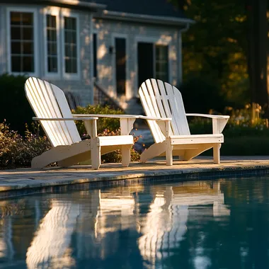 adirondack chairs at poolside, real photo, backyard