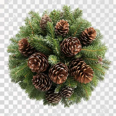 round ball of pinecones & fir branches, on white background