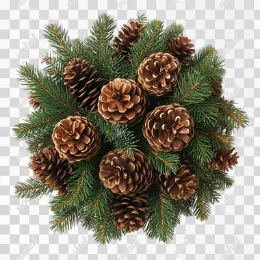 round ball of pinecones & fir branches, on white background