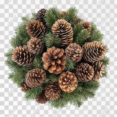round ball of pinecones & fir branches, on white background