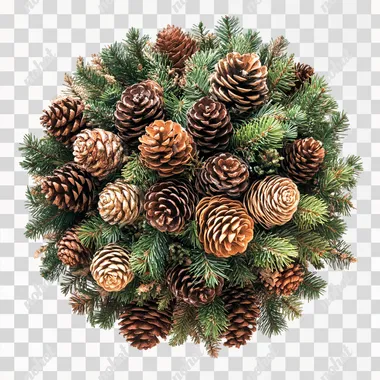 round ball of pinecones & fir branches, on white background
