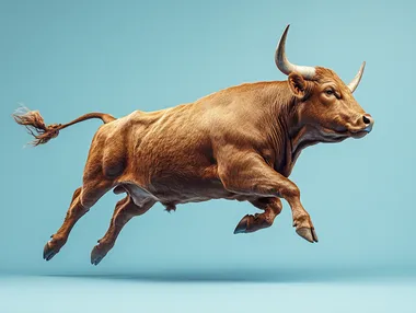 realistic detailed photo of a brown bull running in profile, live photo, on a blue background --s 500