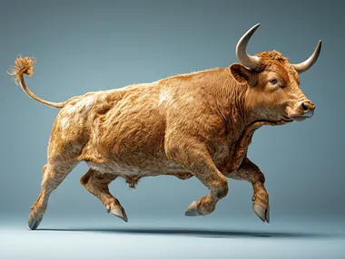 realistic detailed photo of a brown bull running in profile, live photo, on a blue background --s 500