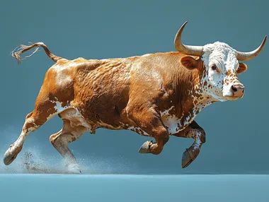 realistic detailed photo of a brown bull running in profile, live photo, on a blue background --s 500