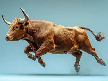 realistic detailed photo of a brown bull running in profile, live photo, on a blue background --s 500