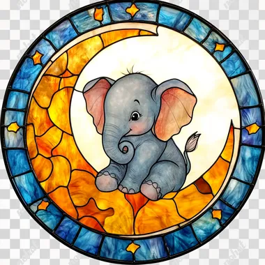 Round stained glass window depicting a cute baby elephant sitting on a crescent moon, front view. Vivid colors, white background, high resolution, soft colors, showing vivid colors and delicate textures, capturing the light shining through the translucent medium