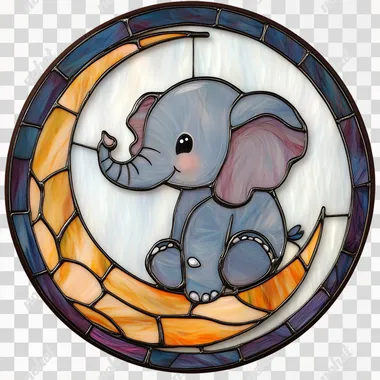 Round stained glass window depicting a cute baby elephant sitting on a crescent moon, front view. Vivid colors, white background, high resolution, soft colors, showing vivid colors and delicate textures, capturing the light shining through the translucent medium