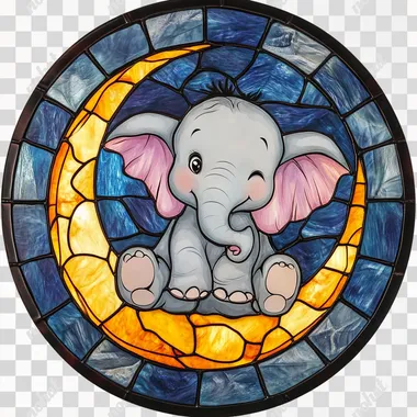 Round stained glass window depicting a cute baby elephant sitting on a crescent moon, front view. Vivid colors, white background, high resolution, soft colors, showing vivid colors and delicate textures, capturing the light shining through the translucent medium