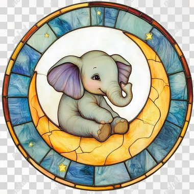 Round stained glass window depicting a cute baby elephant sitting on a crescent moon, front view. Vivid colors, white background, high resolution, soft colors, showing vivid colors and delicate textures, capturing the light shining through the translucent medium