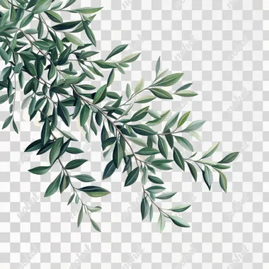 Green olive tree leaves in Akira toriyama style on white background coming off the right hand corner of the picture, 8k
